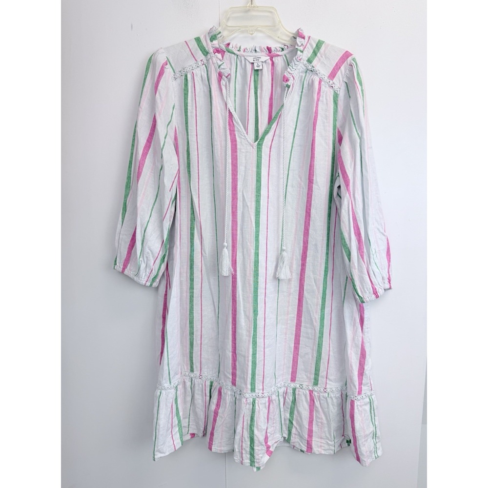 Crown & Ivy Women's Linen Shift Dress Size L Pale Blue Pink Striped Ruffled
